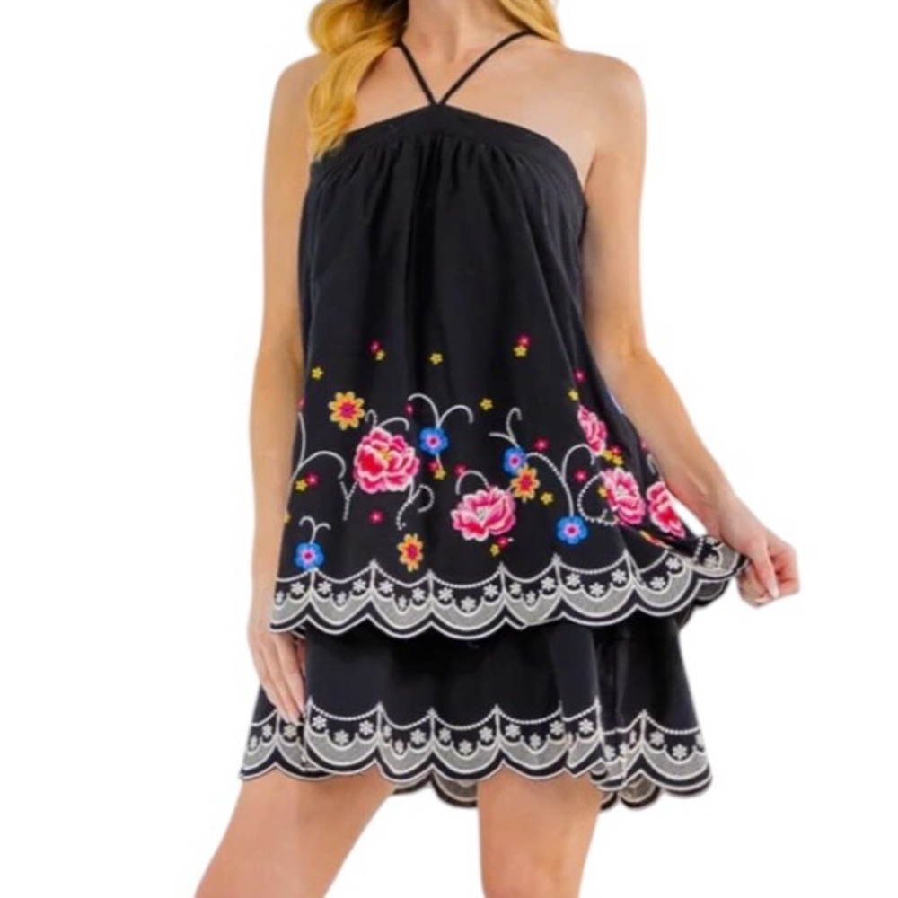 Savanna Jane Embroidered Floral Black Halter Dress 34” Length Mini/Midi